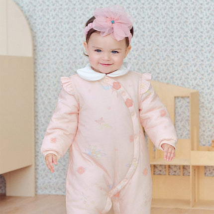 Baby Girls Cute Pink Print Doll Collar Indoor Warm Padded Rompers