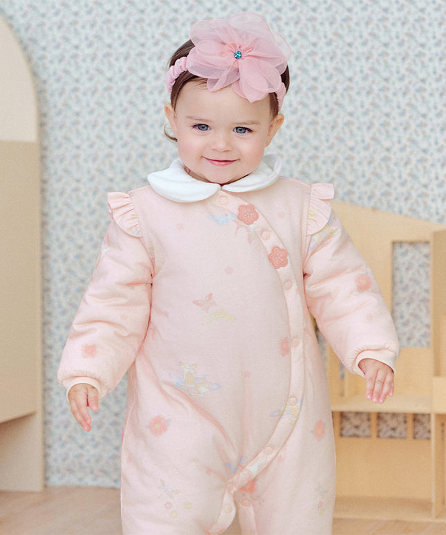 Baby Girls Cute Pink Print Doll Collar Indoor Warm Padded Rompers