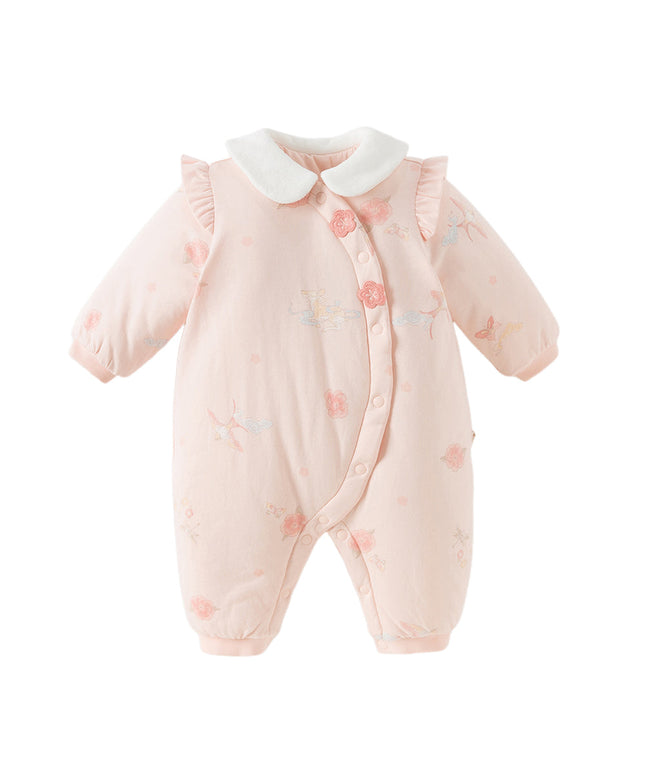 Baby Girls Cute Pink Print Doll Collar Indoor Warm Padded Rompers