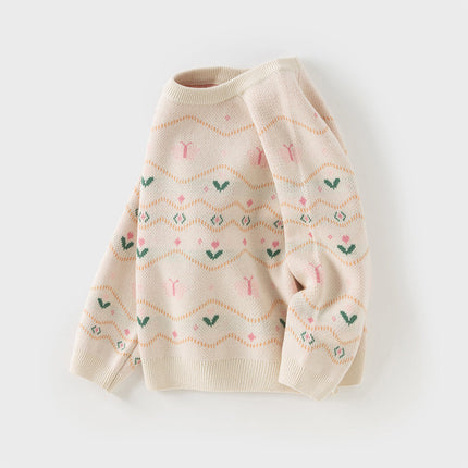 Kids Girls Apricout Print Knit Cozy Pullover Sweater Tops
