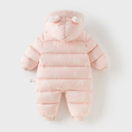 Baby Girls/Boys Winter Cute Print Pink/Apricot Cozy Hooded Down Rompers