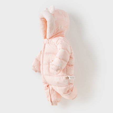 Baby Girls/Boys Winter Cute Print Pink/Apricot Cozy Hooded Down Rompers