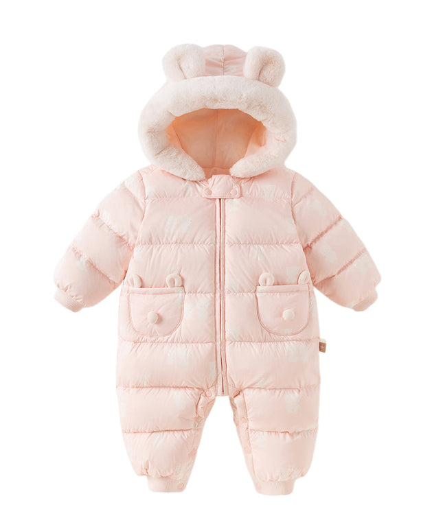 Baby Girls/Boys Winter Cute Print Pink/Apricot Cozy Hooded Down Rompers