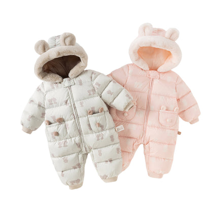 Baby Girls/Boys Winter Cute Print Pink/Apricot Cozy Hooded Down Rompers