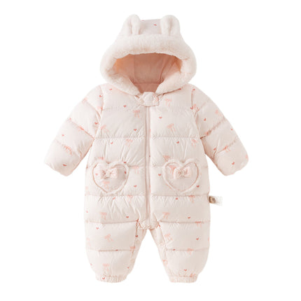 Baby Girls Winter Cute Pink Bow-print Long Sleeve Cozy Hooded Down Rompers