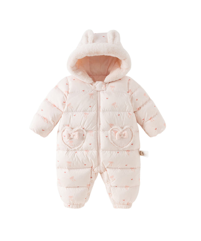 Baby Girls Winter Cute Pink Bow-print Long Sleeve Cozy Hooded Down Rompers