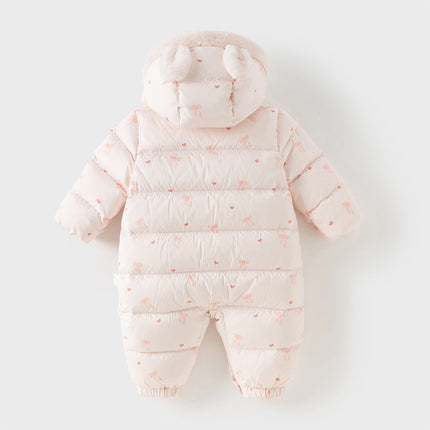 Baby Girls Winter Cute Pink Bow-print Long Sleeve Cozy Hooded Down Rompers