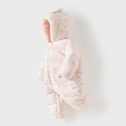 Baby Girls Winter Cute Pink Bow-print Long Sleeve Cozy Hooded Down Rompers