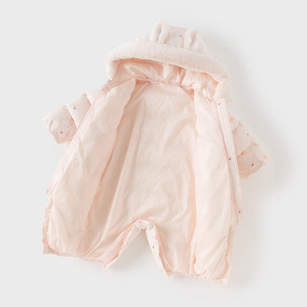 Baby Girls Winter Cute Pink Bow-print Long Sleeve Cozy Hooded Down Rompers