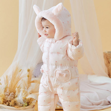 Baby Girls Winter Cute Pink Bow-print Long Sleeve Cozy Hooded Down Rompers