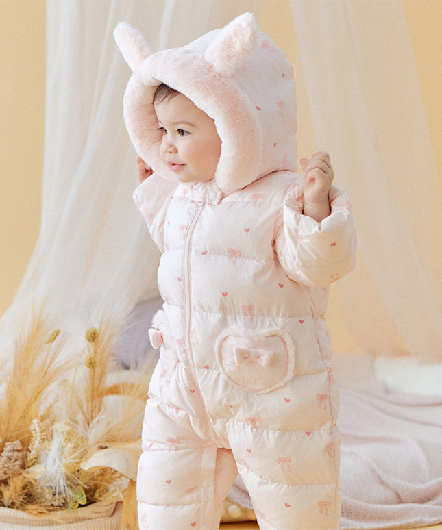 Baby Girls Winter Cute Pink Bow-print Long Sleeve Cozy Hooded Down Rompers