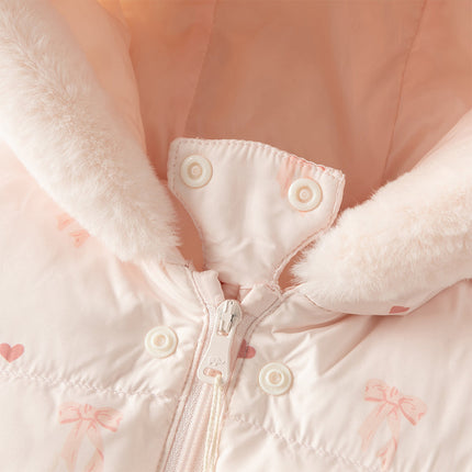 Baby Girls Winter Cute Pink Bow-print Long Sleeve Cozy Hooded Down Rompers
