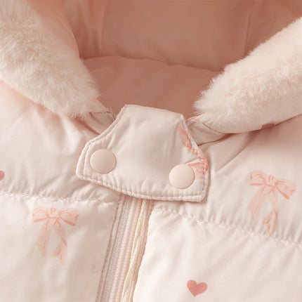 Baby Girls Winter Cute Pink Bow-print Long Sleeve Cozy Hooded Down Rompers