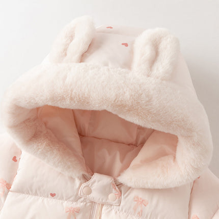 Baby Girls Winter Cute Pink Bow-print Long Sleeve Cozy Hooded Down Rompers