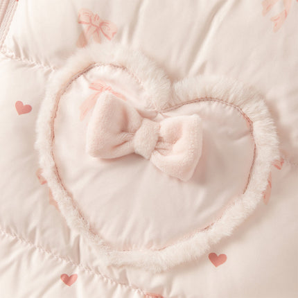 Baby Girls Winter Cute Pink Bow-print Long Sleeve Cozy Hooded Down Rompers