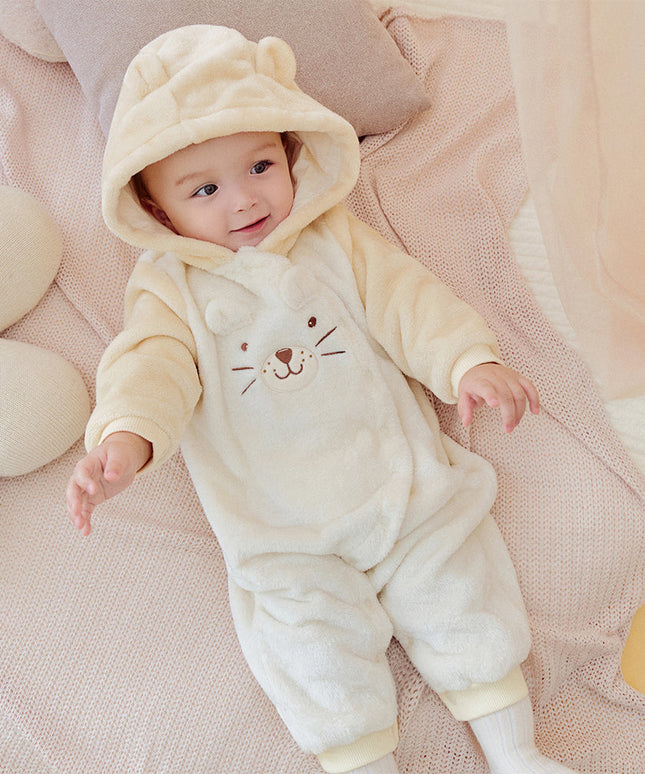 Baby Girls/Boys Soft Plush Khaki Hooded Padded Rompers