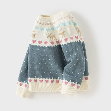 Kids Girls Grey Blue Long-sleeved Versatile Pullover Sweaters Tops
