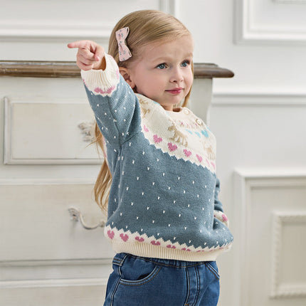 Kids Girls Grey Blue Long-sleeved Versatile Pullover Sweaters Tops