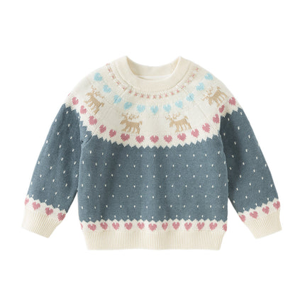 Kids Girls Grey Blue Long-sleeved Versatile Pullover Sweaters Tops