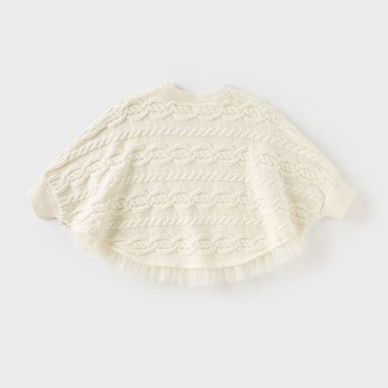 Kids Girls Elegant Pearl White Cape-style Knit Pullover Sweaters Tops