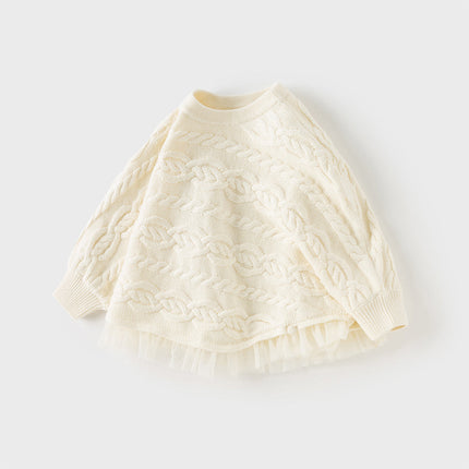 Kids Girls Elegant Pearl White Cape-style Knit Pullover Sweaters Tops