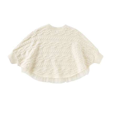 Kids Girls Elegant Pearl White Cape-style Knit Pullover Sweaters Tops