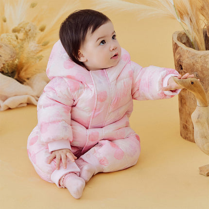 Baby Girls Winter Cute Pink Strawberry Print Cozy Hooded Down Rompers
