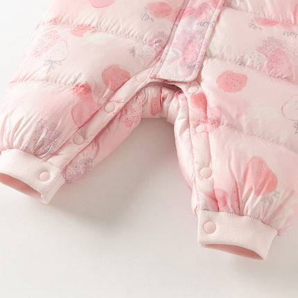 Baby Girls Winter Cute Pink Strawberry Print Cozy Hooded Down Rompers