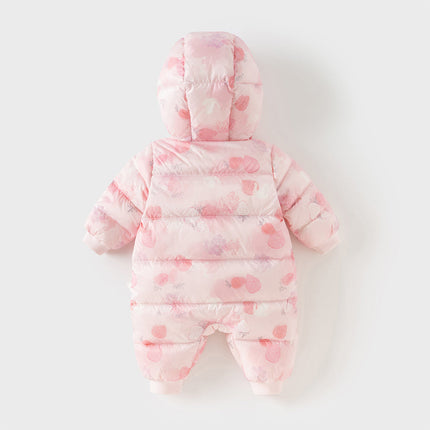 Baby Girls Winter Cute Pink Strawberry Print Cozy Hooded Down Rompers