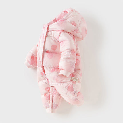 Baby Girls Winter Cute Pink Strawberry Print Cozy Hooded Down Rompers