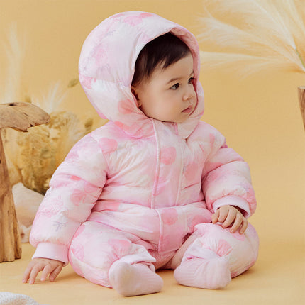 Baby Girls Winter Cute Pink Strawberry Print Cozy Hooded Down Rompers