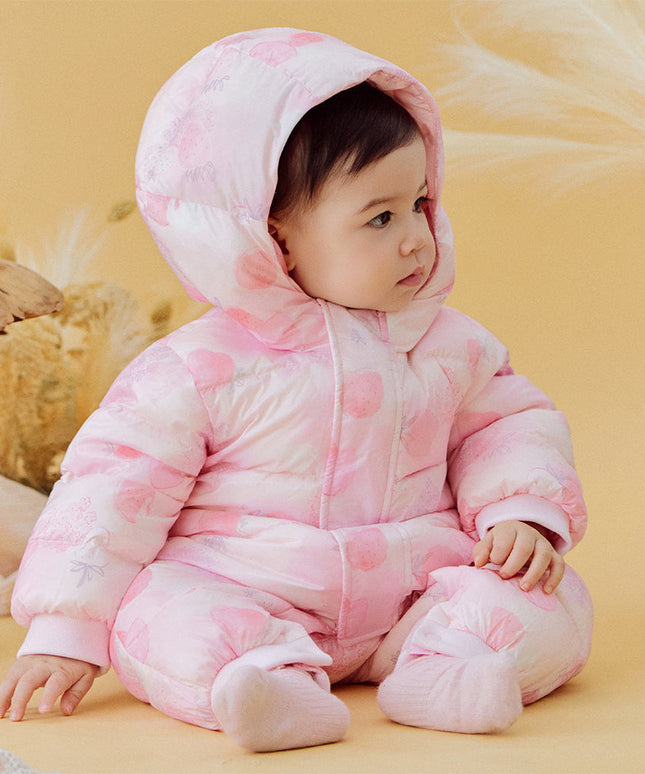 Baby Girls Winter Cute Pink Strawberry Print Cozy Hooded Down Rompers