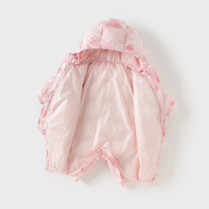 Baby Girls Winter Cute Pink Strawberry Print Cozy Hooded Down Rompers