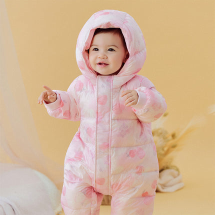 Baby Girls Winter Cute Pink Strawberry Print Cozy Hooded Down Rompers