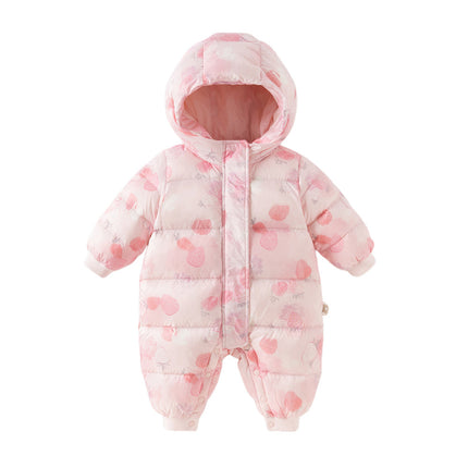 Baby Girls Winter Cute Pink Strawberry Print Cozy Hooded Down Rompers