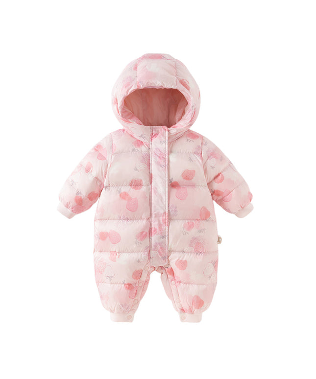 Baby Girls Winter Cute Pink Strawberry Print Cozy Hooded Down Rompers
