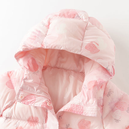 Baby Girls Winter Cute Pink Strawberry Print Cozy Hooded Down Rompers