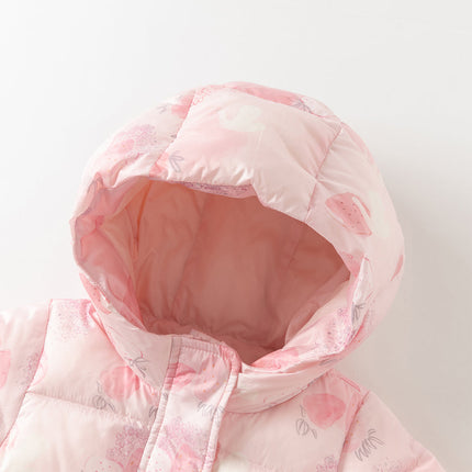 Baby Girls Winter Cute Pink Strawberry Print Cozy Hooded Down Rompers