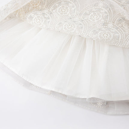 Kids Girls Summer Elegant Beige Embroidered Haute Couture Mesh Dress
