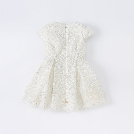 Kids Girls Summer Elegant Beige Embroidered Haute Couture Mesh Dress