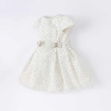 Kids Girls Summer Elegant Beige Embroidered Haute Couture Mesh Dress