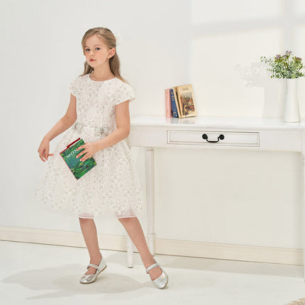 Kids Girls Summer Elegant Beige Embroidered Haute Couture Mesh Dress