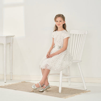 Kids Girls Summer Elegant Beige Embroidered Haute Couture Mesh Dress