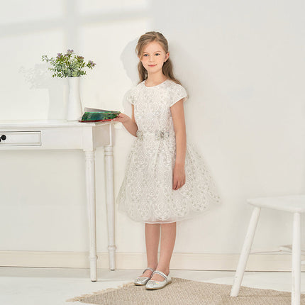 Kids Girls Summer Elegant Beige Embroidered Haute Couture Mesh Dress