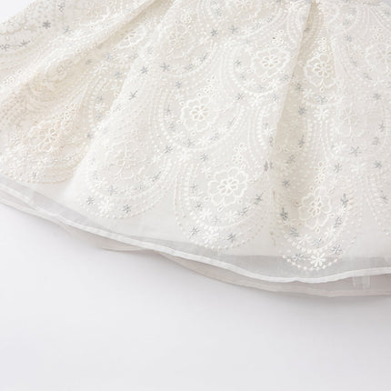Kids Girls Summer Elegant Beige Embroidered Haute Couture Mesh Dress