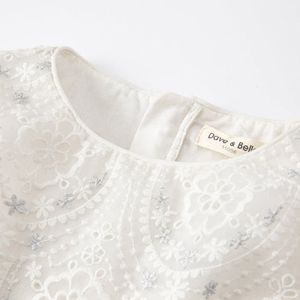 Kids Girls Summer Elegant Beige Embroidered Haute Couture Mesh Dress