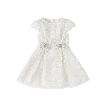 Kids Girls Summer Elegant Beige Embroidered Haute Couture Mesh Dress