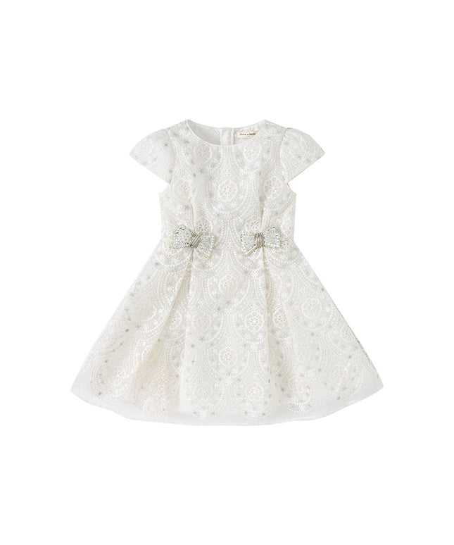 Kids Girls Summer Elegant Beige Embroidered Haute Couture Mesh Dress