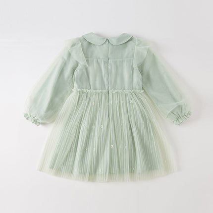 Kids Girls Elegant Green Doll Collar Long Sleeve A-line Mesh Dress