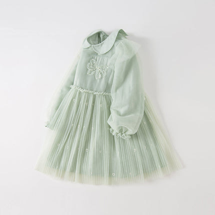 Kids Girls Elegant Green Doll Collar Long Sleeve A-line Mesh Dress